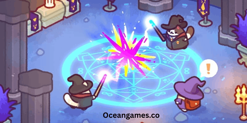 Cat Magic School MOD APK gameplay showing cute cats learning magic in colorful classrooms