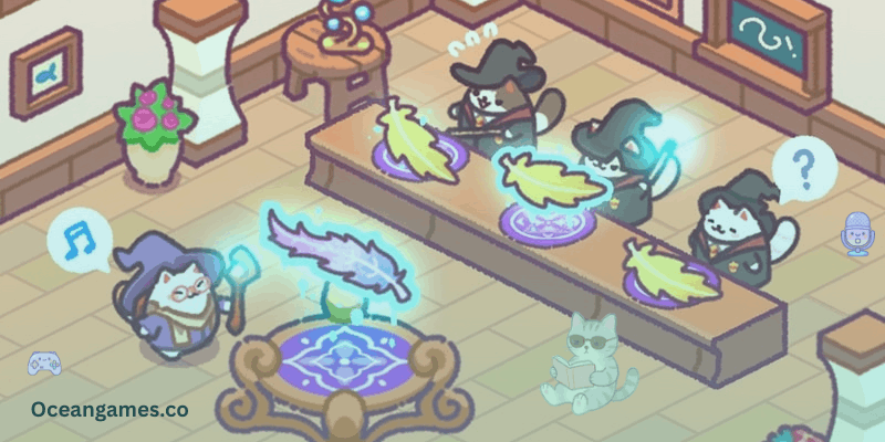 Colorful and cheerful visuals of Cat Magic School MOD APK with cute animated cats and bright magical classrooms