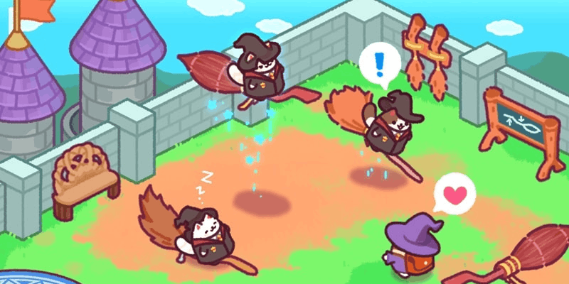 Cats learning beginner and advanced magic spells in Cat Magic School MOD APK to become skilled magicians